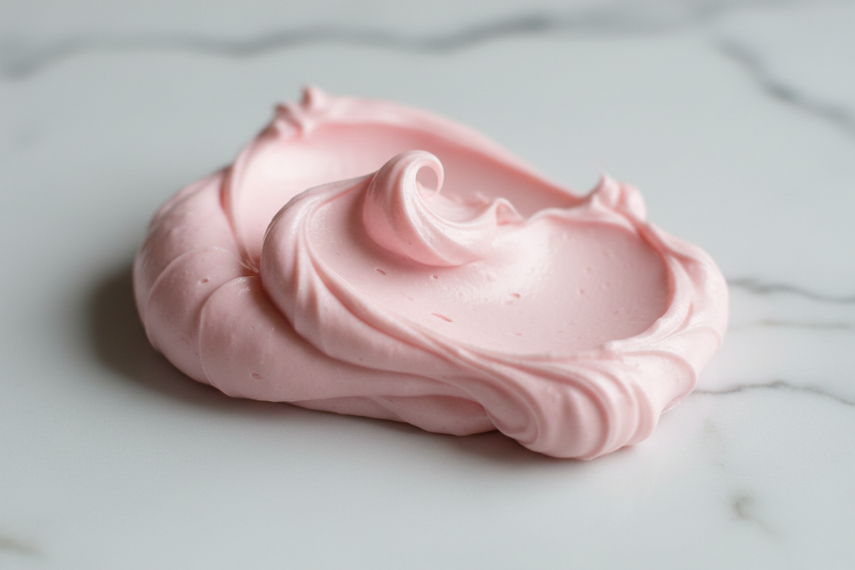 whipped pink body butter smeared across marble close up
